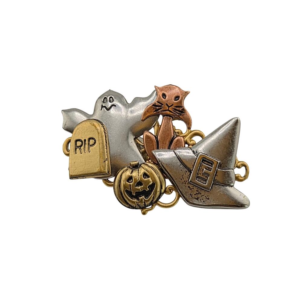 Vintage Halloween Brooch Ghost Cat Witch Hat Jack O Lantern Tombstone Pin